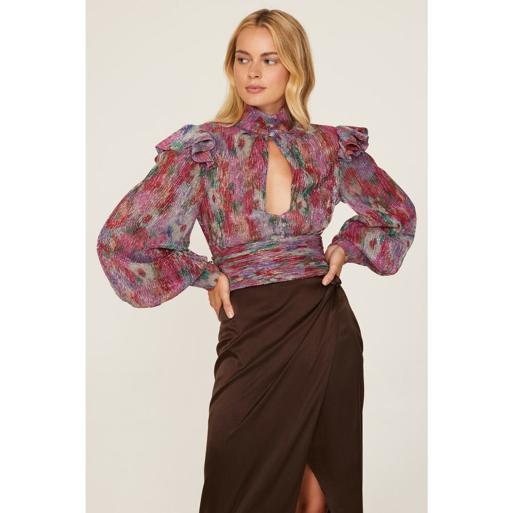 PatBO Lurex Metallic Multicolor Keyhole Cut Out Mock Neck Long Sleeve Blouse 2